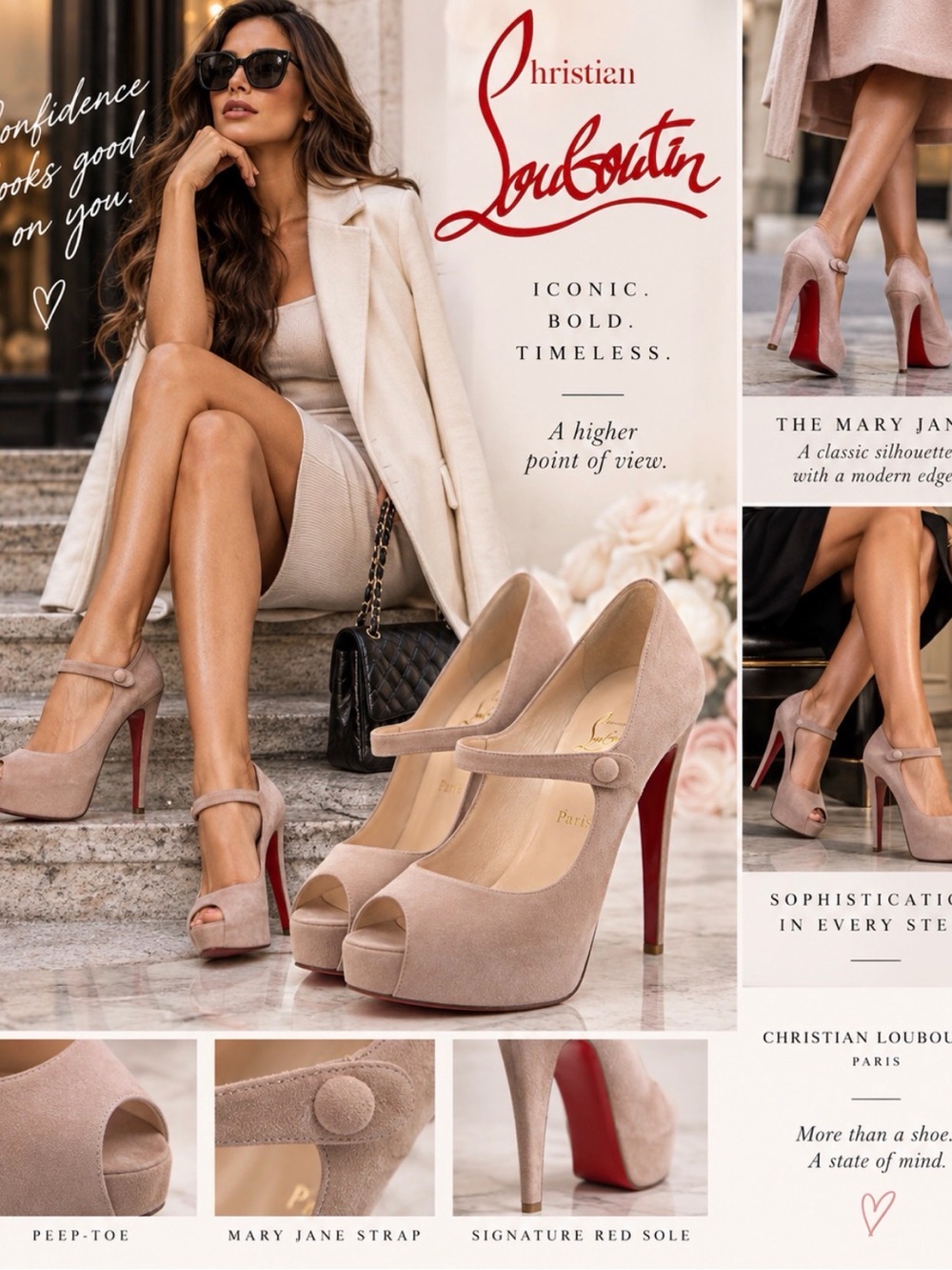 Christian Louboutin Beige Suede Mary Jane Peep-Toe Pumps with Red Heel